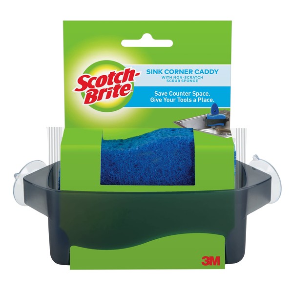 Scotch-Brite Bandeja de esquina para fregadero con esponja antiarañazos, ahorra espacio en la encimera, soporte de esponja