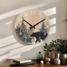 SwallowLiving Cabin Bear Wall Clock 12 Inch Silent Non Ticking Clock Wooden Forest Wildlife Mountain Lodge Clock Battery Operated Rustic Farmhouse Wall Clock