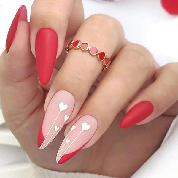 Red French Tip Press on Nails with Heart Artificial Valentine's