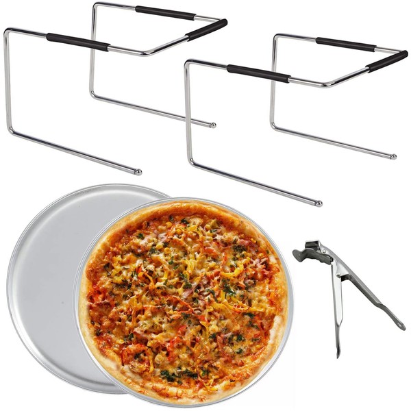 Tiger Chef Pizza Stand and Pizza Pan Set: Two Pizza Stands for Tables, Two 12 inch Pizza Pans and Pan Gripper