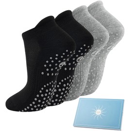 4 Pairs Grip Yoga Socks Women, Non Slip Pilates Trainer Socks Trampoline Barre Ankle Socks for Ladies and Girls for Home Exercise Hospital Black Grey