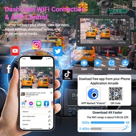 Dash Cam Front and Rear, 4K Dash Cam WiFi/APP Control Dashcam W/ 64GB Card Car Camera Dash Cam DVR Dashboard Dash Camera for Cars W/Loop Recording G-sensor Time-Lapse Parking Mode, USB-C Powered
