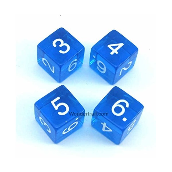 WKP02482E4 Blue Transparent Dice with White Numbers D6 16mm (5/8in) Pack of 4 Dice Koplow Games