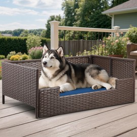 DWVO Rattan Dog House Outdoor Indoor with Cushion, Wicker Dog Sofa Bed for Small, Medium, and Large Dogs, 38.6''L*26.4''W*15''H, Blue