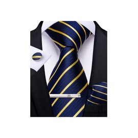 DiBanGu Blue Yellow Stripe Tie for Men Silk Woven Necktie Pocket Square Cufflink Tie Clip Set Formal