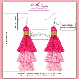 AD Beads Fashion Charm Crystal Silk Tassel 3 Layers Fan Fringe Dangle Earrings (36 Pink Ombre)