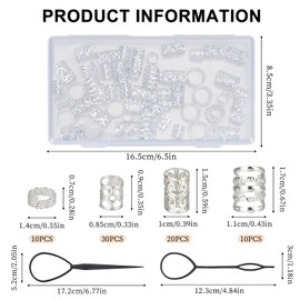 NICENEEDED Pack of 72 Silver Viking Hair Accessories Alloy Hair Beard Pearl Runes Tube Style Hair Beads with Pull Hair Pin Hair Spiral Cuffs for Hair Braid Bracelet