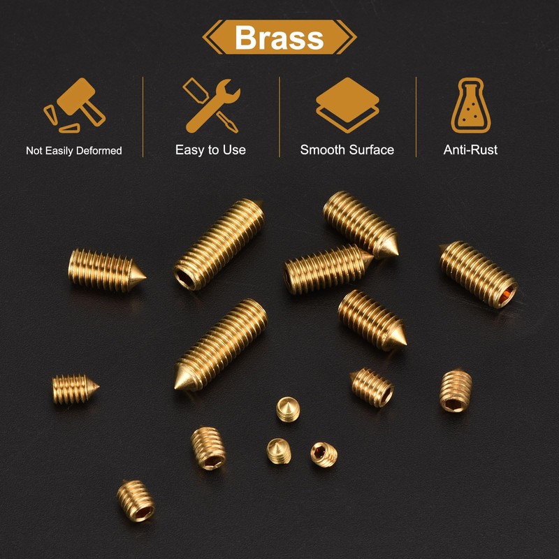 sourcing map 20Pcs Set Screws M4x8mm Brass Cone Point Hex