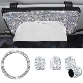 6 Pieces Bling Crystal Car Accessories Set Includes Car Visor Tissue Holder Leather Crystals Paper Towel Cover Case, Ring Emblem Sticker, Valve Stem Caps Tire Valve Dust Caps for Women (6PCS/Set)