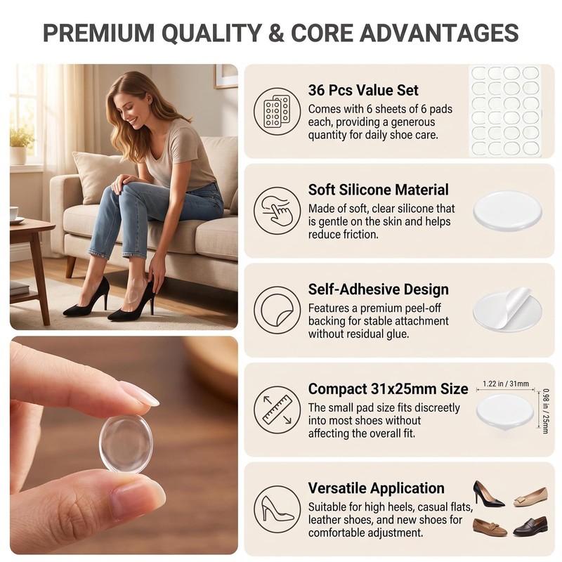 36Pcs Clear Silicone Round Blister Shoe Pads