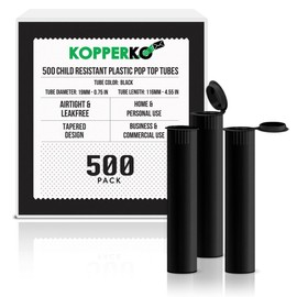 Kopperko Kopperko 500 Pack 116mm Plastic Pop Top Tube - Child Resistant Pill Storage Containers for Herbs and Spices | UV and Moisture Resistant Medication Container | Airtight & Waterproof Storage | Black