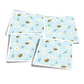 Vinyl Square Stickers (Set of 4) 10cm - Honey Bees & Flowers Mum Mother's Day for Laptops, Tablets, Luggage, Scrap Booking, Fridges #170625