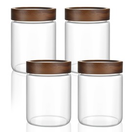 MOLADRI 18 oz/550 ml Clear Glass Storage Canister with Airtight Wooden Lid, 4 Pack Small Overnight Oats Containers, Cute Decorative Salad Jar for Snacks Yogurt Spice Sugar Cereal Fruit Coffee Tea