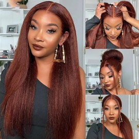 Reddish Brown Yaki Straight Bundles Human Hair Auburn Bundles Color 33 Human Hair Copper Red Kinky Bundles Double Weft Brazilian Hair Silky and Soft for Black Women (18 20 22 inch,3 Bundles)