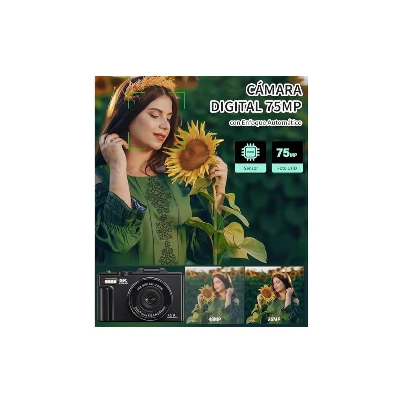 YBB Camara Digital 5K 75MP con WiFi y Pantalla Abatible