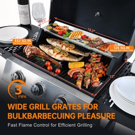YIORTWO 3 Burner Propane Gas Grill, Stainless Steel BBQ Grill 30,000 BTU for Outdoor Cooking Kitchen, Garden and Patio Backyard Barbecue, Black and Silver