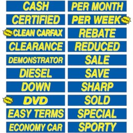 EZ Lettering Yellow and Blue Car Dealer Windshield Stickers Slogans 20 packs 15" You Pick