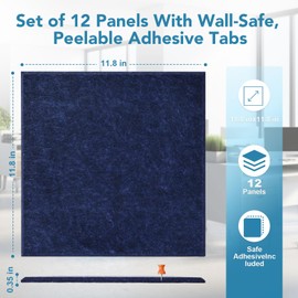 Large Cork Board Alternative, Puxinargo 12-Pack 11.8"x11.8" Felt Wall Tiles with Safe Removable Adhesive Tabs, Cork Wall Tiles Bulletin Board Home Office Essentials, Blue