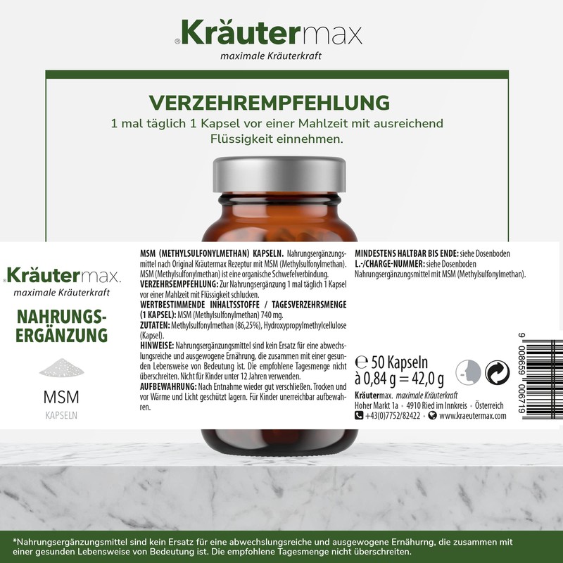 Kräutermax MSM Capsules High Dose Methylsulfonylmethane in Capsules Pure MSM
