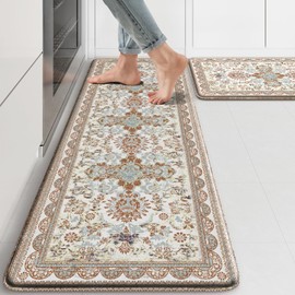 Anti Fatigue Mats for Kitchen Floor Boho Kitchen Rugs Sets of 2 17.3" x 47"+17.3" x 29" Non Slip Waterproof Kitchen Floor Mats Memory Foam Kitchen Rug Vintage Cushioned for Kitchen Sink Laundry Tan