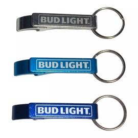 Bud Light (3) Bud Light Aluminum / Metal Bottle Opener Key Chain Blue Silver LOT Bundle