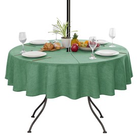 LUSHVIDA Outdoor Tablecloth with Umbrella Hole - Patio Table Cloth Zippered Round 60 Inch, Sage Green Faux Linen Table Cover Water Resistant for Picnic Outside
