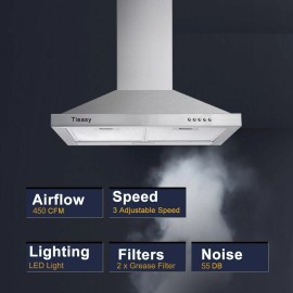 Tieasy 30in Kitchen Wall Mounted Range Hood Stainless Steel 450CFM Ducted/Ductles