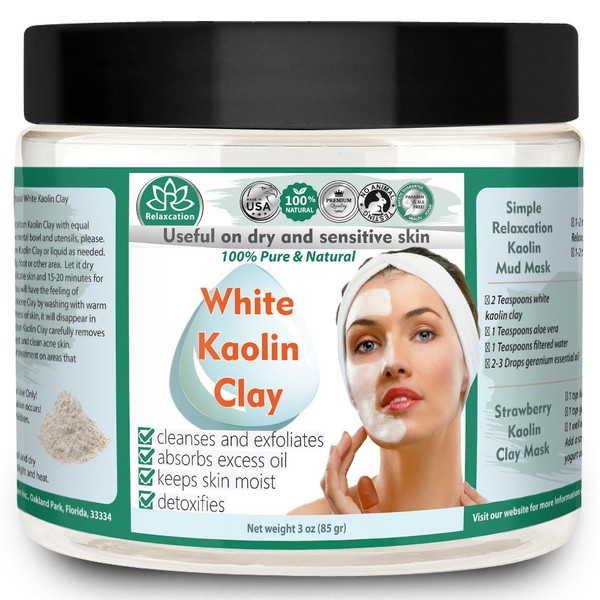 Relaxcation KAOLIN CLAY POWDER - 100% Natural and Pure White Kaolin Clay (China Clay) Cosmetic Grade, Great For Sensitive Skin, Use For Facial Masks, Hair Masks - 3 oz
