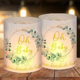 12 Tea Light Holders Table Decoration Oh Baby, Baby Shower Party Decoration Girl Boy, Tea Lights Eucalyptus Green Decoration, Baby Shower Decoration, Neutral, Schön dass Du Da Bist, Suitable for Tea