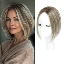 Hair Toppers for Thinning Hair Women Real Hair Human Hair Topper Adding Extra Hair Volume Swiss Base Hair Topper 10inch (Ombre Brown with Blonde Highlight)