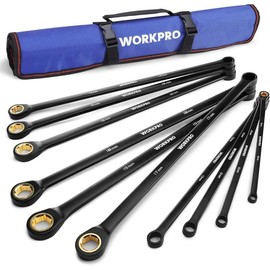 WORKPRO Extra Long Ratcheting Wrench Set, 10-Piece Anti-Slip Double Box Wrenches Set, Metric 8-19 mm, 72-Teeth, Cr-V Steel and Black Electrophoretic Coating Wrenches with Rolling Pouch