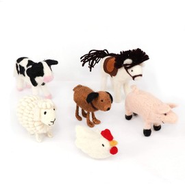 B & D Needle Felt Animal, Needle Wool Domestic Fowl Ornament,White Rooster, Horse, Sheep, Pink Pig, Cow, and Dog, Set of 6 Pieces