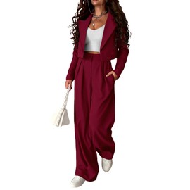 KIRUNDO Two Piece Outfits for Women Dressy Formal Elegant Lapel Crop Jacket Long Palazzo Pant with Pockets Office Wear for Women 2024 Christmas Suit Blazer Sets(Wine Red, Large)