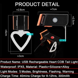 YUERWOVER Rechargeable Bike Tail Light LED Bicycle Rear Light Cycling Night Essential Bright Seat Back Safety Lamp Heart Shape 5 Modes Warning Waterproof Flash MTB Light for Men Women Kids(Heart)