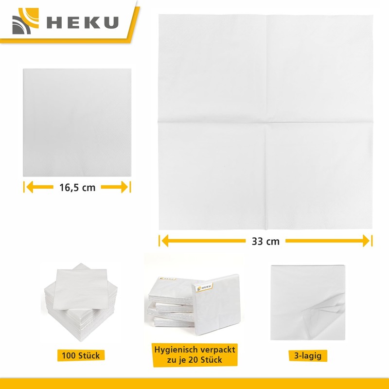 HEKU 30241-01: 100 Plain Napkins, 3-Ply, 33 x 33 cm,