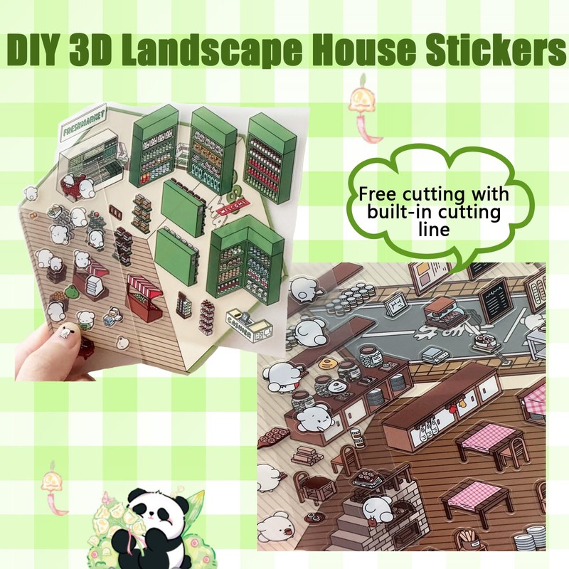 PACIOCEAN 8 Sets 3D Sticker Scene，Cute Cartoon Scenery Stickers，Make Your