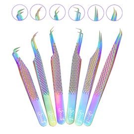 SIVOTE Eyelash Extension Tweezers Fiber Tips, Set of 6, Curved, Dolphin, 90 Degree 45 Degree, Volume Boot & Slight Curved Tweezer, Rainbow