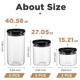 Rtteri 6 Pcs Glass Jars with Black Lids 15oz 27oz 41oz Canisters with Black Airtight Lids Stackable Glass Food Storage Containers Pantry Storage Jars PP Material Airtight