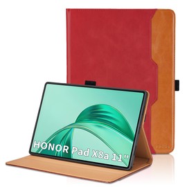 Case for HONOR Pad X8a Case 11 inch 2024 PU Leather Smart HONOR Pad X8a 11 inch Bussiness Cover with Pocket & Pencil Holder, Hand Strap Multi-angle Adjustable Standing Function -Red