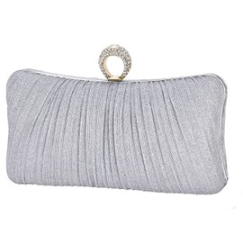iWISH Womens Silver Glitter Clutch Purse Pleated Evening Bag for Bridal Wedding Party with Rhinestone Ring