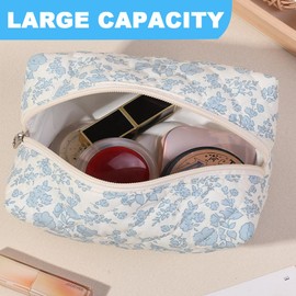 FITINI Makeup Bag Travel Large Portable Quilted Floral Print Cosmetic Organizer Cute Pouch for Women Soft Cotton Zipper Waterproof Toiletry Storage Bags,Blue Flower