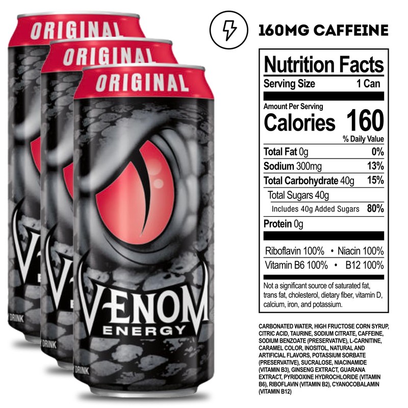 Venom Energy Drink, Original, 0 Fat, 160mg Caffeine, 16 Fl