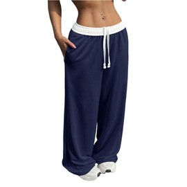 ZAFUL Wide Leg Sweatpants Women Trendy Interior Drawstring Baggy Sweatpants Loose Casual Jogger Pant with Pockets 2025 0-Navy Blue M
