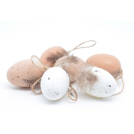 Plastic Easter Eggs for Hanging with Feathers, Set of 6, Speckled, Assorted with Cord, Decorative Eggs, Plastic Eggs, Easter Decoration, Brown / White