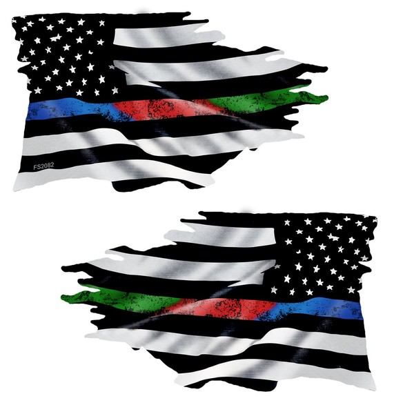 AZ House of Graphics Thin Blue RED Green LINE Tattered Flag Mirrored Sticker 2 Pack - FS2082LR