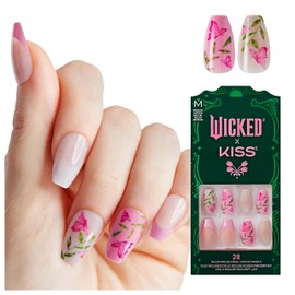 KISS WICKED X KISS Press On Nails, So Popular, Pink, Medium Coffin, Waterproof, Chip Proof, Smudge Proof, 28 Fake Nails, Pink Gel Nail Glue (2g), Mini Nail File, & Manicure Stick