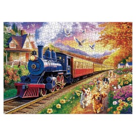 Funny Train Dog Puzzles for Adults 1000 Pieces, Difficult Puppy Bird Jigsaw Puzzle, Colorful Landscape Art Puzzles