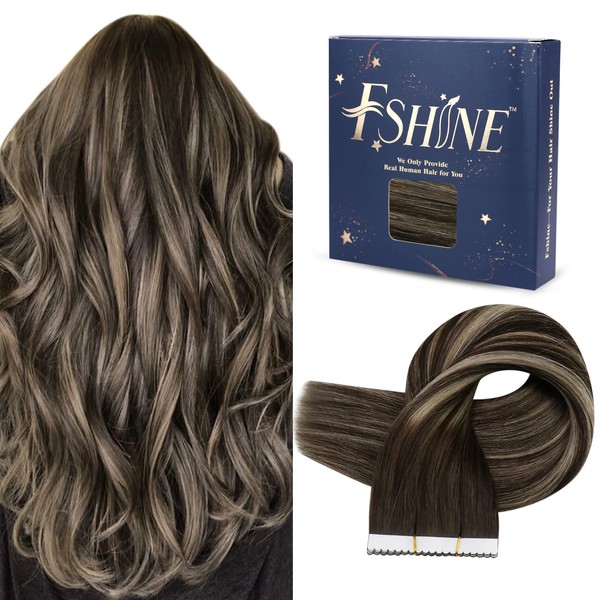 Fshine Real Hair Tape Extensions, 45 cm, Dark Brown with Platinum Blonde Transitioning to Brown, Real Hair Tape in Extensions, Remy 5 Pieces, 25 g, Real Hair Extensions