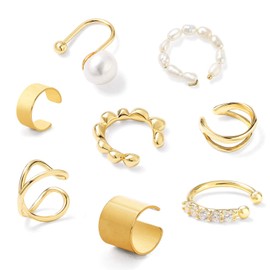 Lasoll Ear Cuffs, 8 Pieces, Fake Earrings, Non-Hole Earrings, Women's, Cartilage, Pinching, Stackable, No Piercing Required, Hypoallergenic, Stylish, Birthday, Mother's Day, Wedding, Anniversary, Alloy, Gold