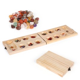Wooden Mancala Board Game - Fun Classic Strategy Game with Wooden Board for Adults & Kids - 48 Glass Mancala Beads & 2 Player Games - Ideal for Family Game Night and Travel Educational Game